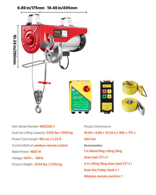 SucceBuy 1320/1760/2200LBS Electric Cable Hoist Winch with Wireless Remote Control & Emergency Stop for Garage Warehouse Lifting