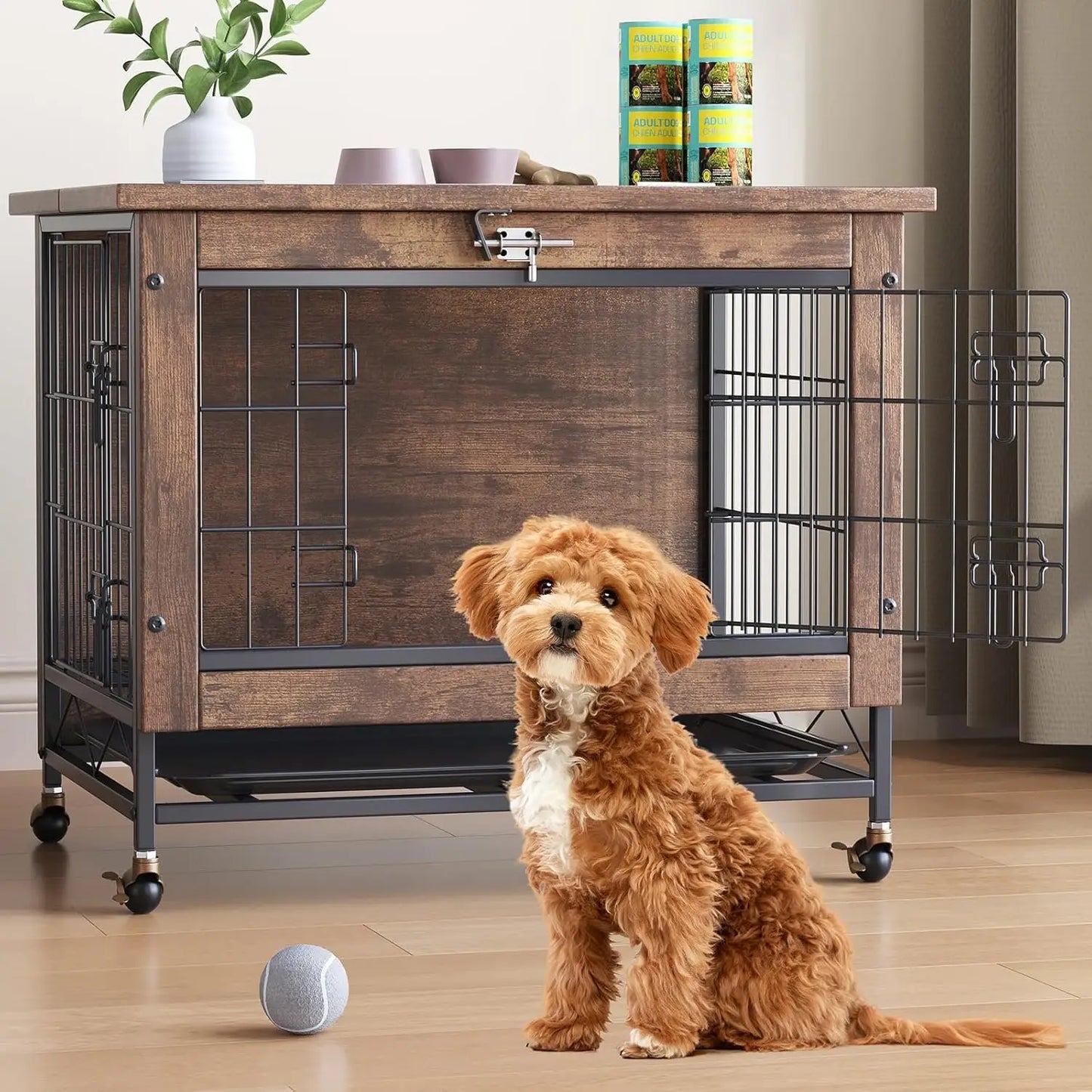 HiMISS Rustic Dog Crate Furniture With Wheels Metal Wood Kennel