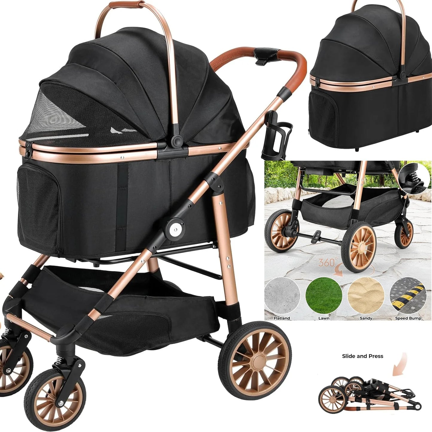 360 High Wheels Foldable Pet Stroller for Cats and Dogs