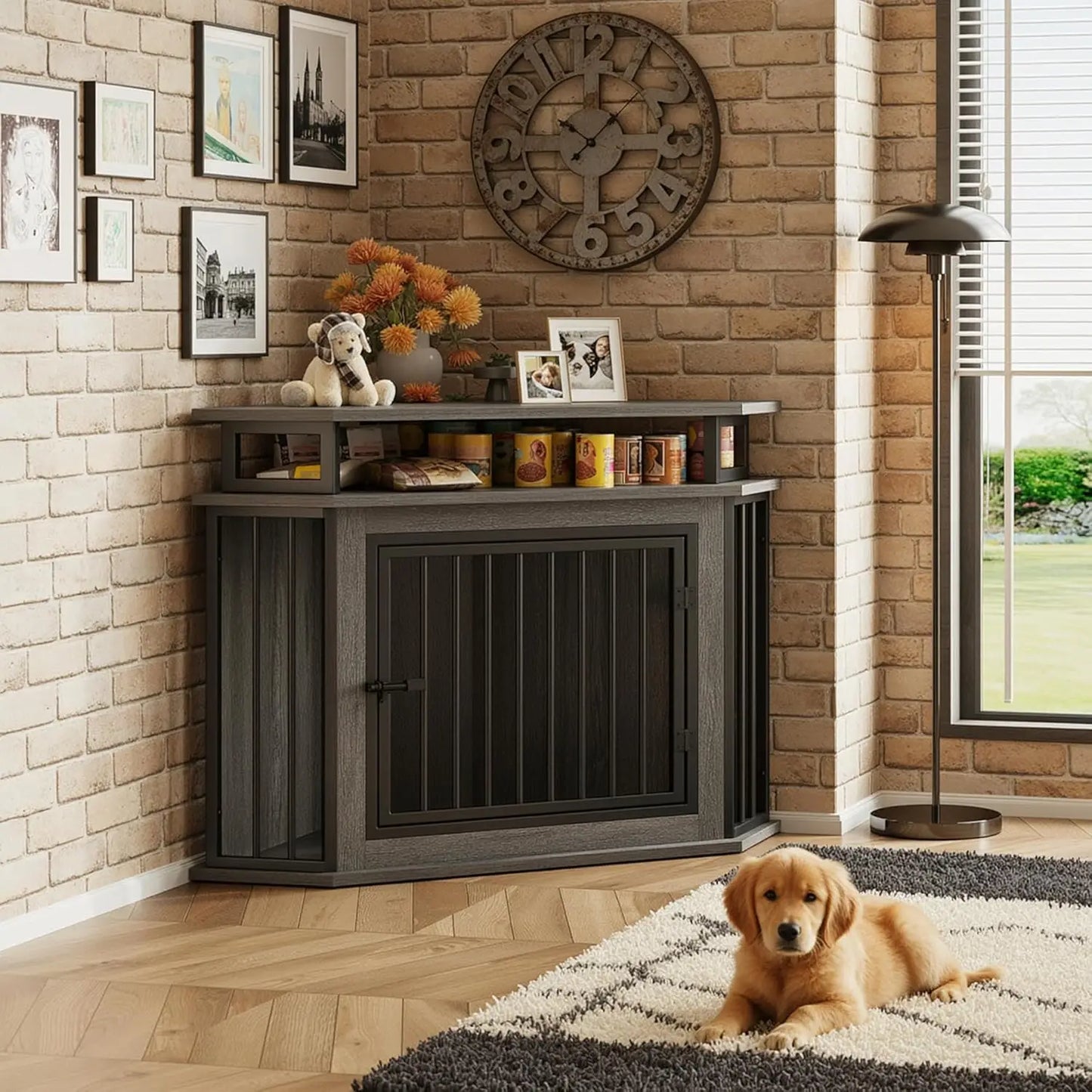 Corner Dog Crate With 2-Tier Shelves, Wooden Kennel Furniture Enclosure