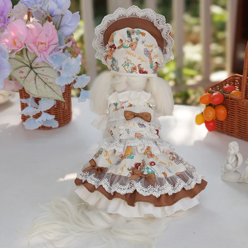 Dog Lace Dress And Maid Hat Set For Small Dogs Autumn Winter