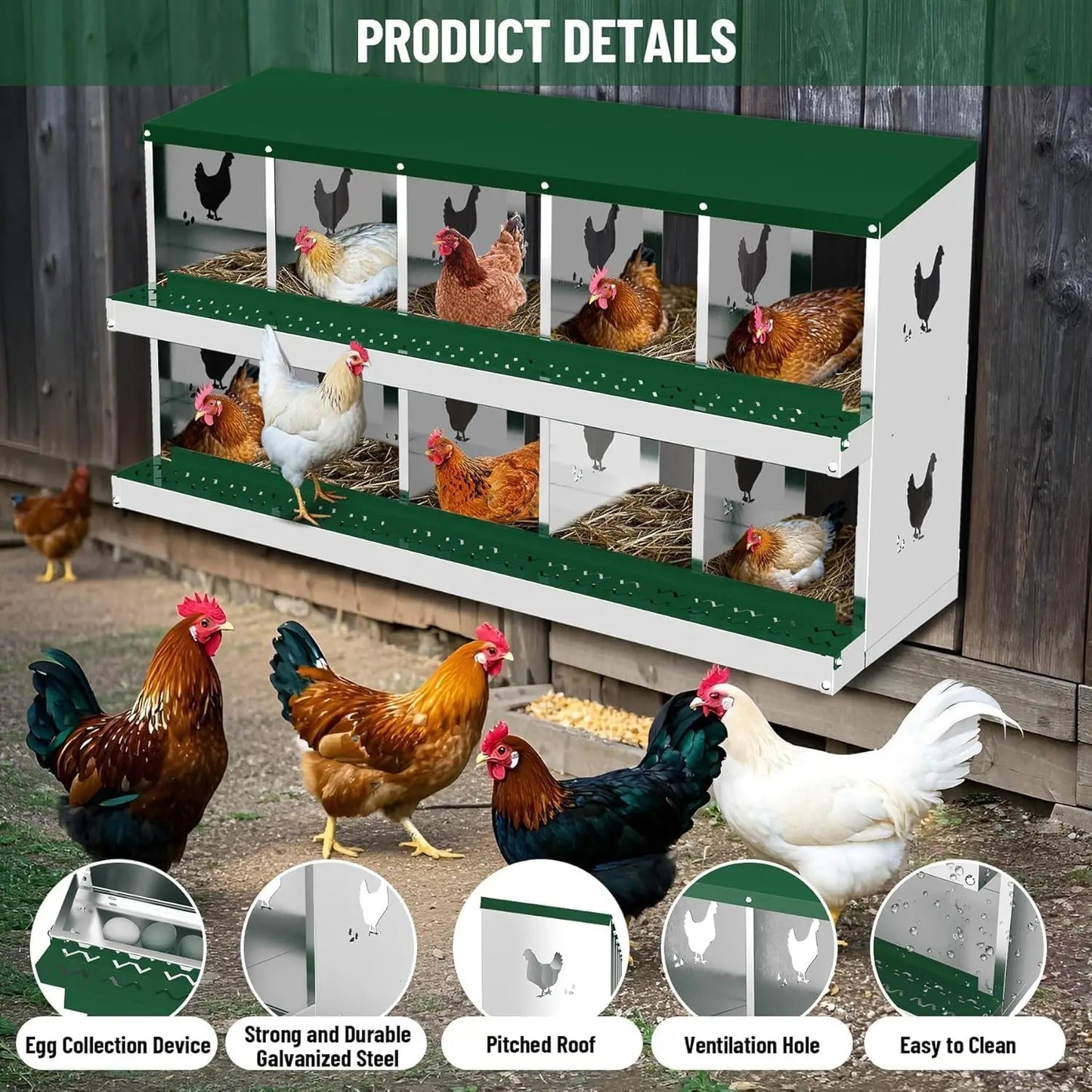 HiMISS Metal Chicken Nesting Box With 10 Compartments Wall-Mountable