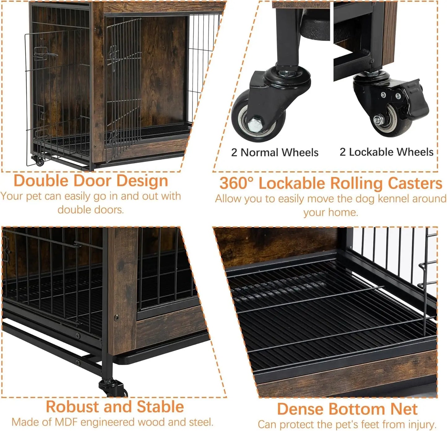 HiMISS Rustic Dog Crate Furniture With Wheels Metal Wood Kennel