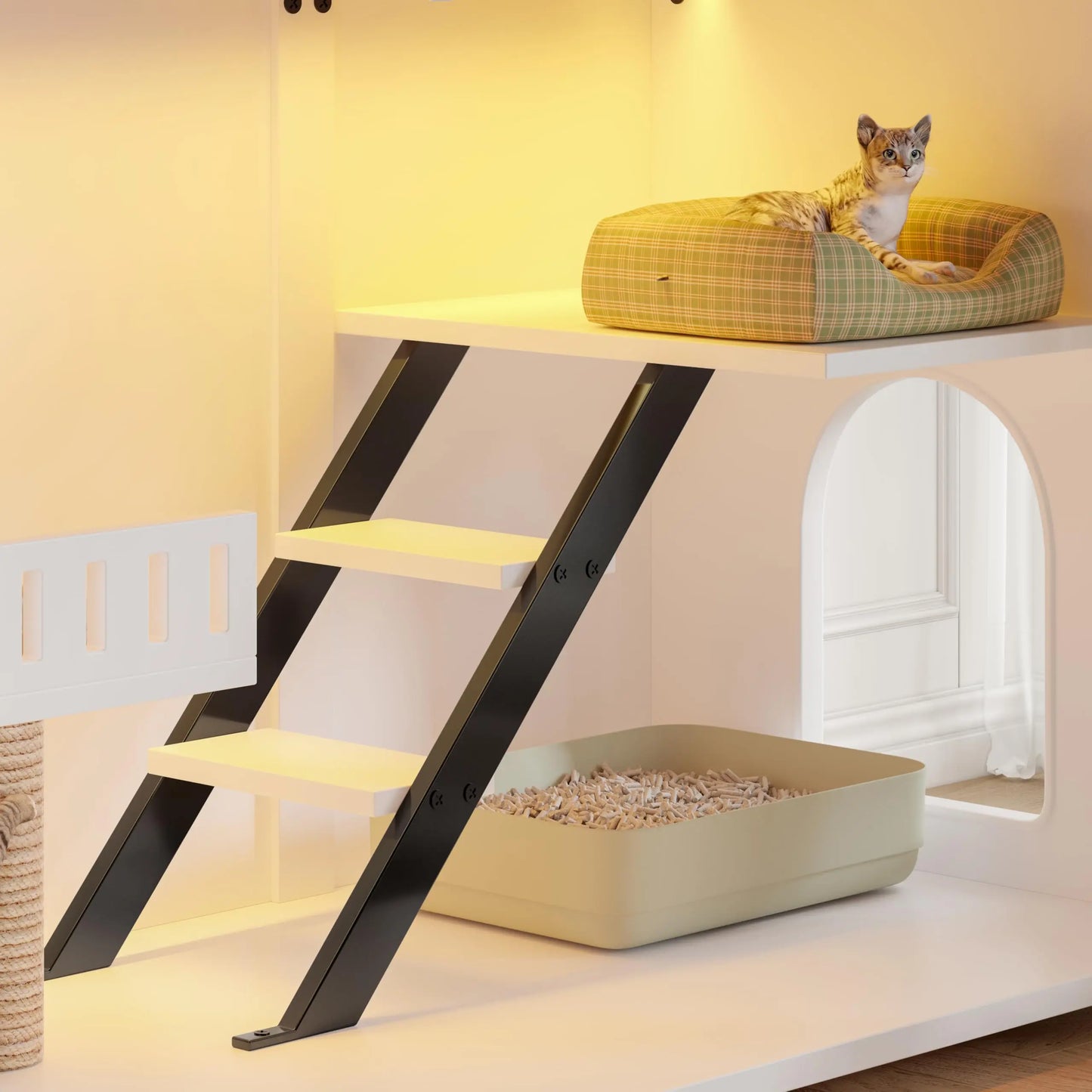 Cat House Litter Box Enclosure LED Light And Stairs