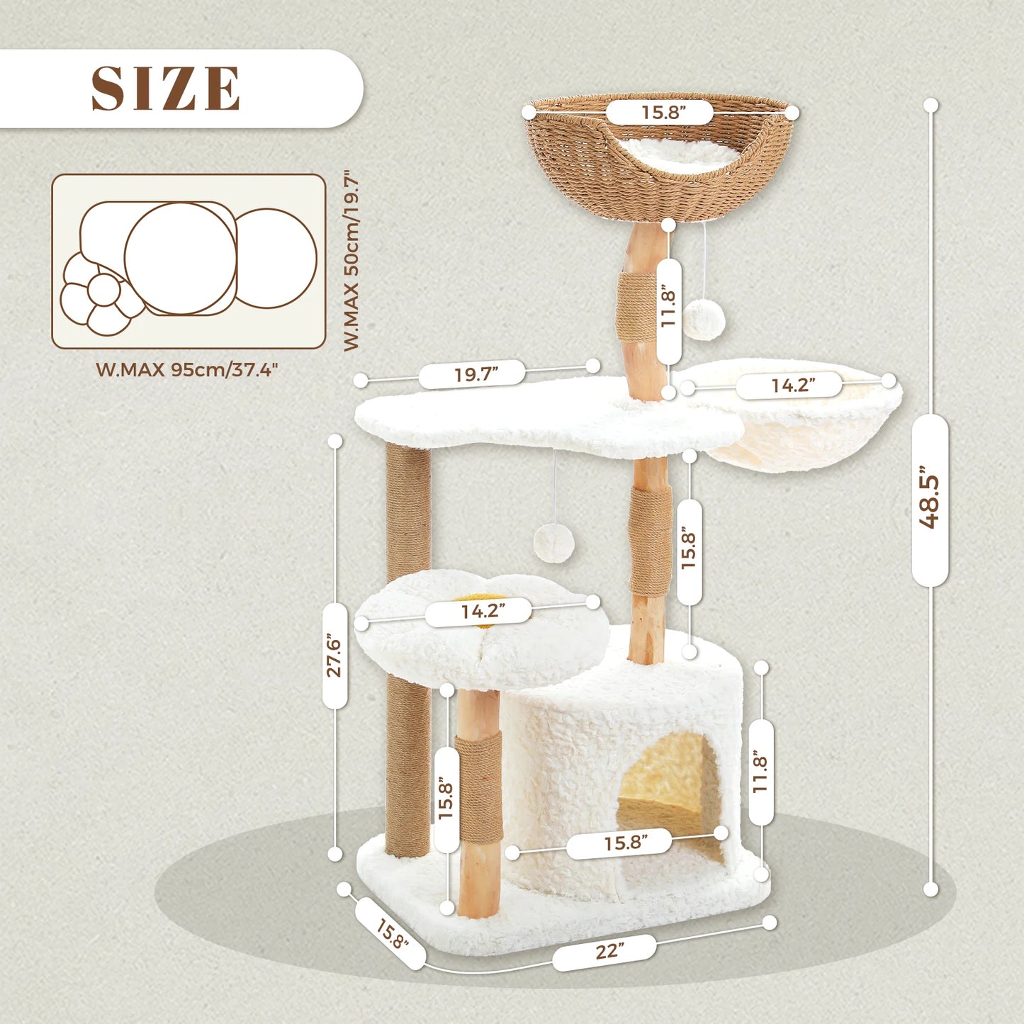 PEQULTICN Solid Wood Cat Tree With Multi Tier Condo Perches