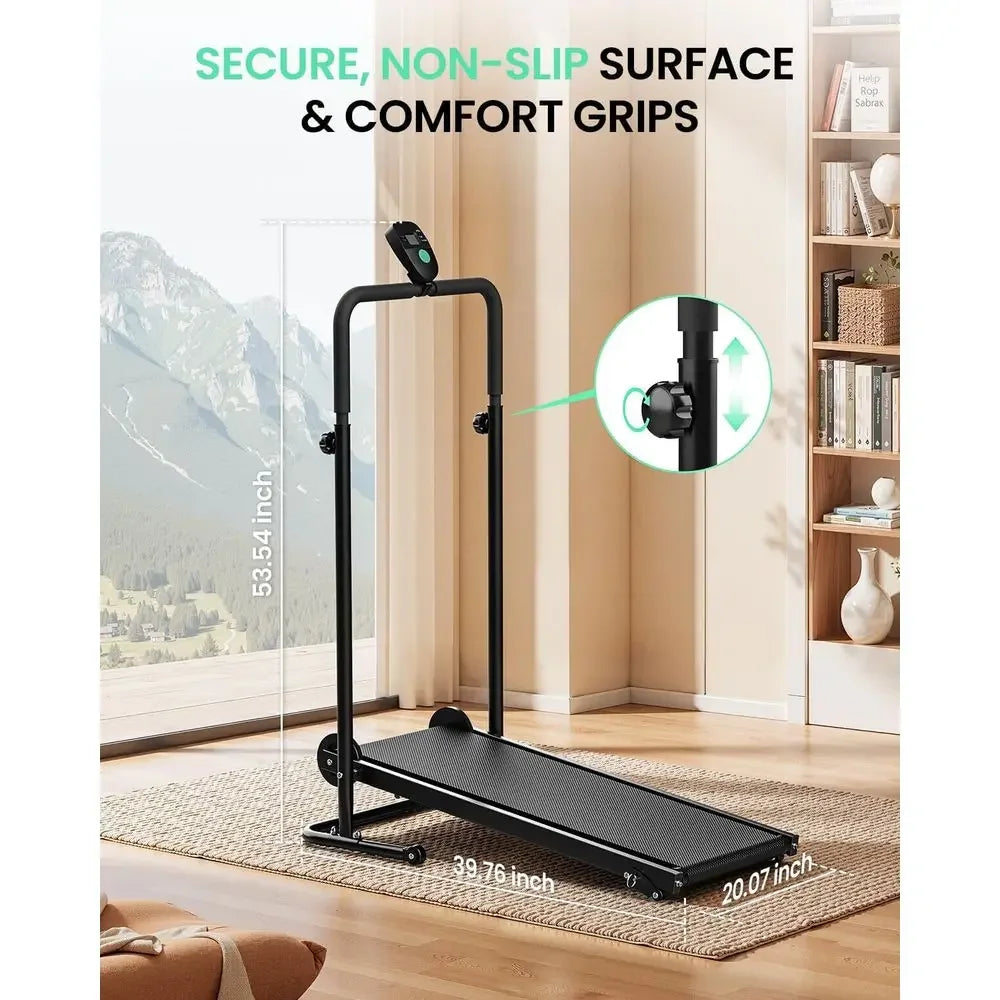 Dual Wheel Manual Treadmill with Adjustable Incline, LCD Monitor, Anti-Slip Belt, Foldable Design for Home/Gym, Soft Grips for W