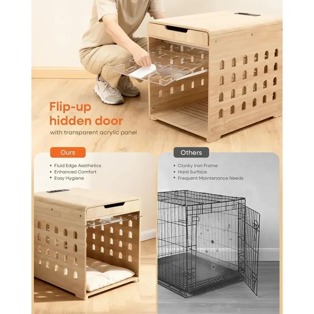 Oak Pet Crate Furniture With Charging Station And Acrylic Door