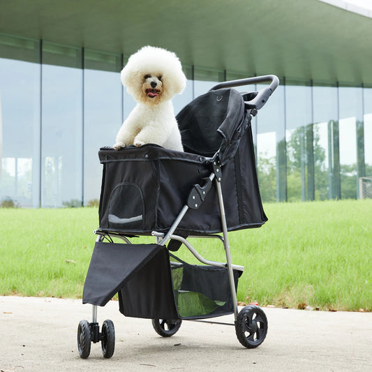 Three Wheel Foldable Pet Stroller With Mesh Windows Cup Holder