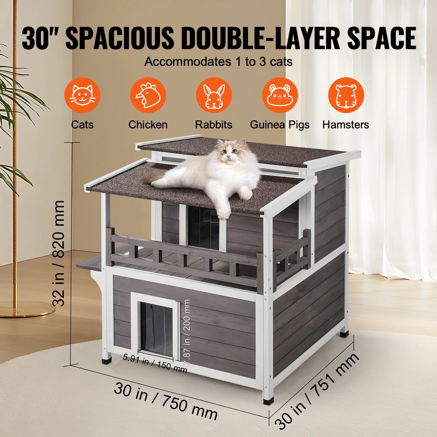 SucceBuy Outdoor Cat House Weatherproof 2-Story Wooden Shelter With Balcony