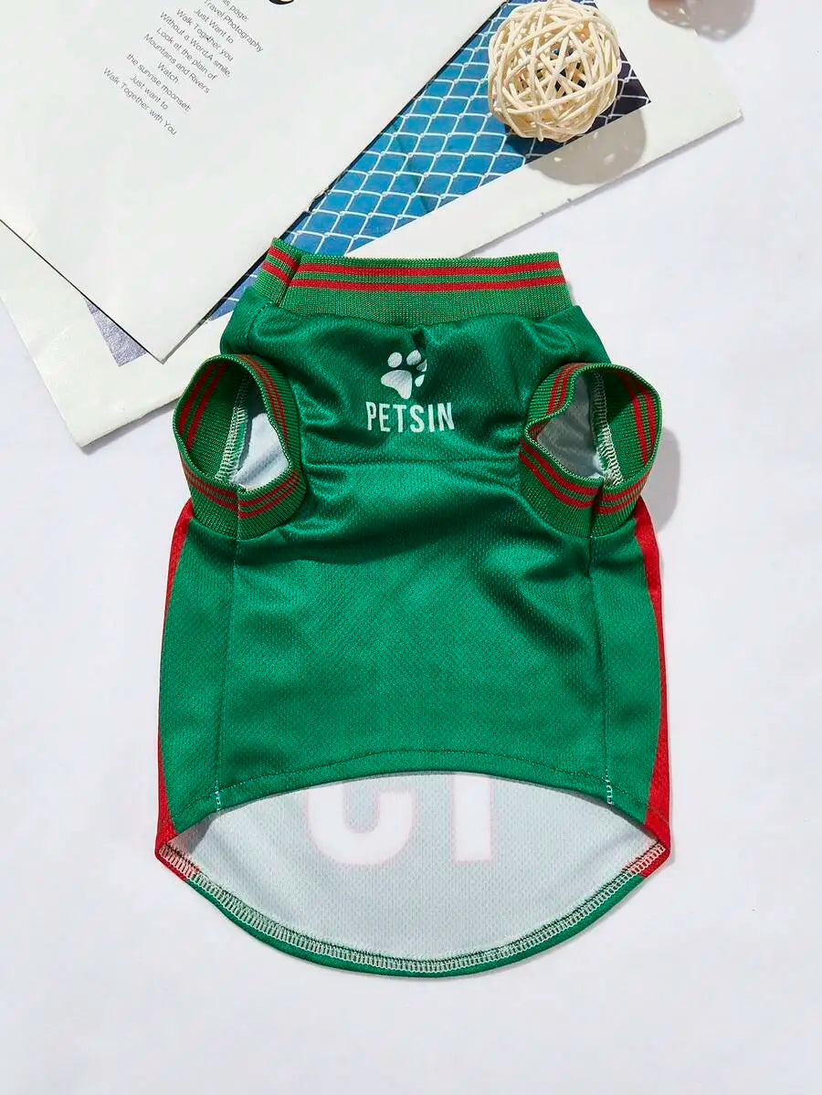 Mexican National Team Style Pet Jersey, Size 15, Striped With English Number Print, Contrast Color Collar And Ribbed Cuffs