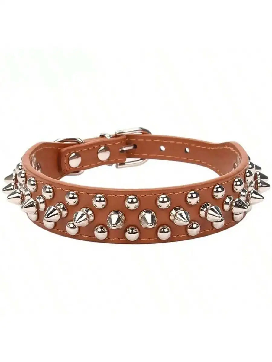 Adjustable Leather Dog Collar With Rivet Spikes And Buckle