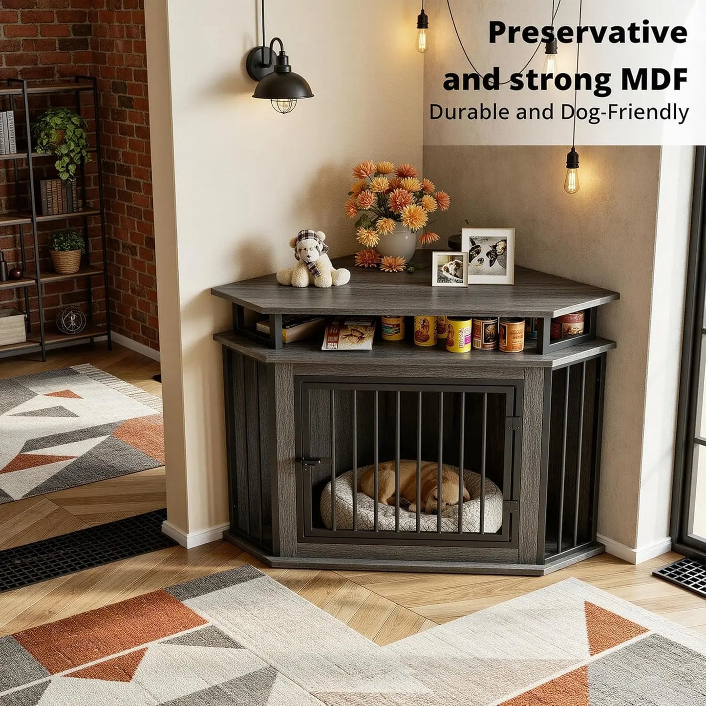 Corner Dog Crate With 2-Tier Shelves, Wooden Kennel Furniture Enclosure