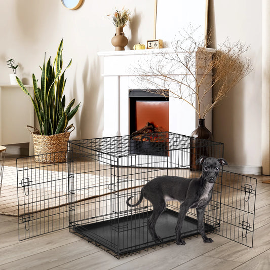 JHK Folding Metal Wire Dog Cage With Leak-Proof Tray