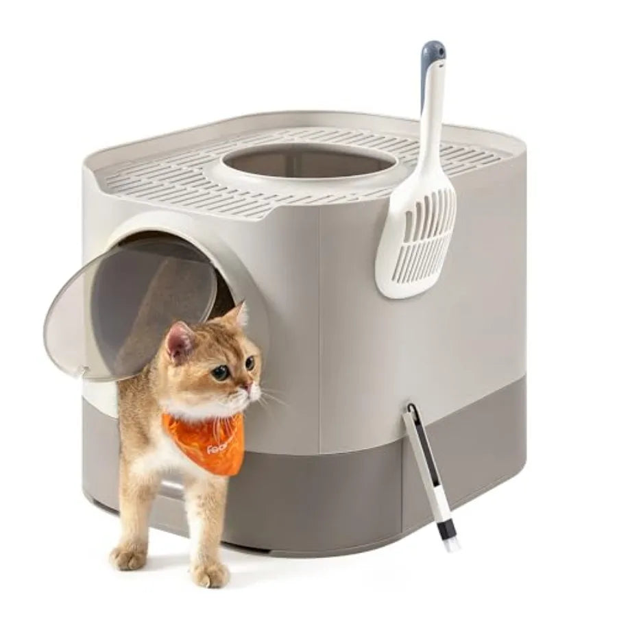 Cat Litter Box with Lid, XL Enclosed Litter Box with Slide-Out Tray, Scoop, Brush, Anti-Tracking, for Cats of Different Sizes,