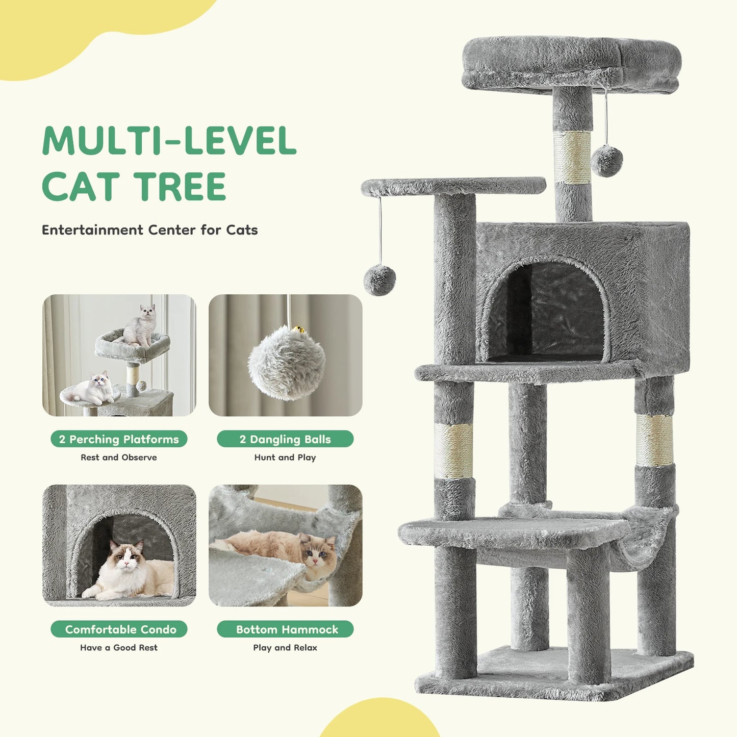 JHK Cat Tree Four-Tier Multi-Cat Climbing Tower With Sisal Posts