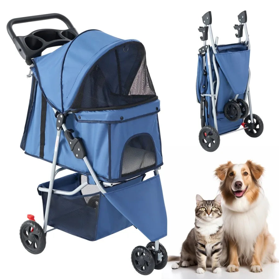 Three-Wheel Pet Stroller With Storage Basket And Cup Holder