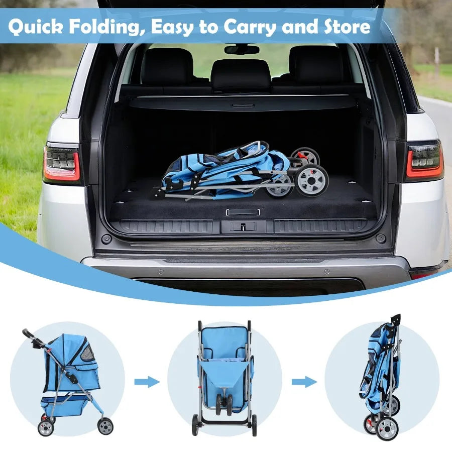 Three Wheel Folding Pet Stroller With Cup Holder And Storage