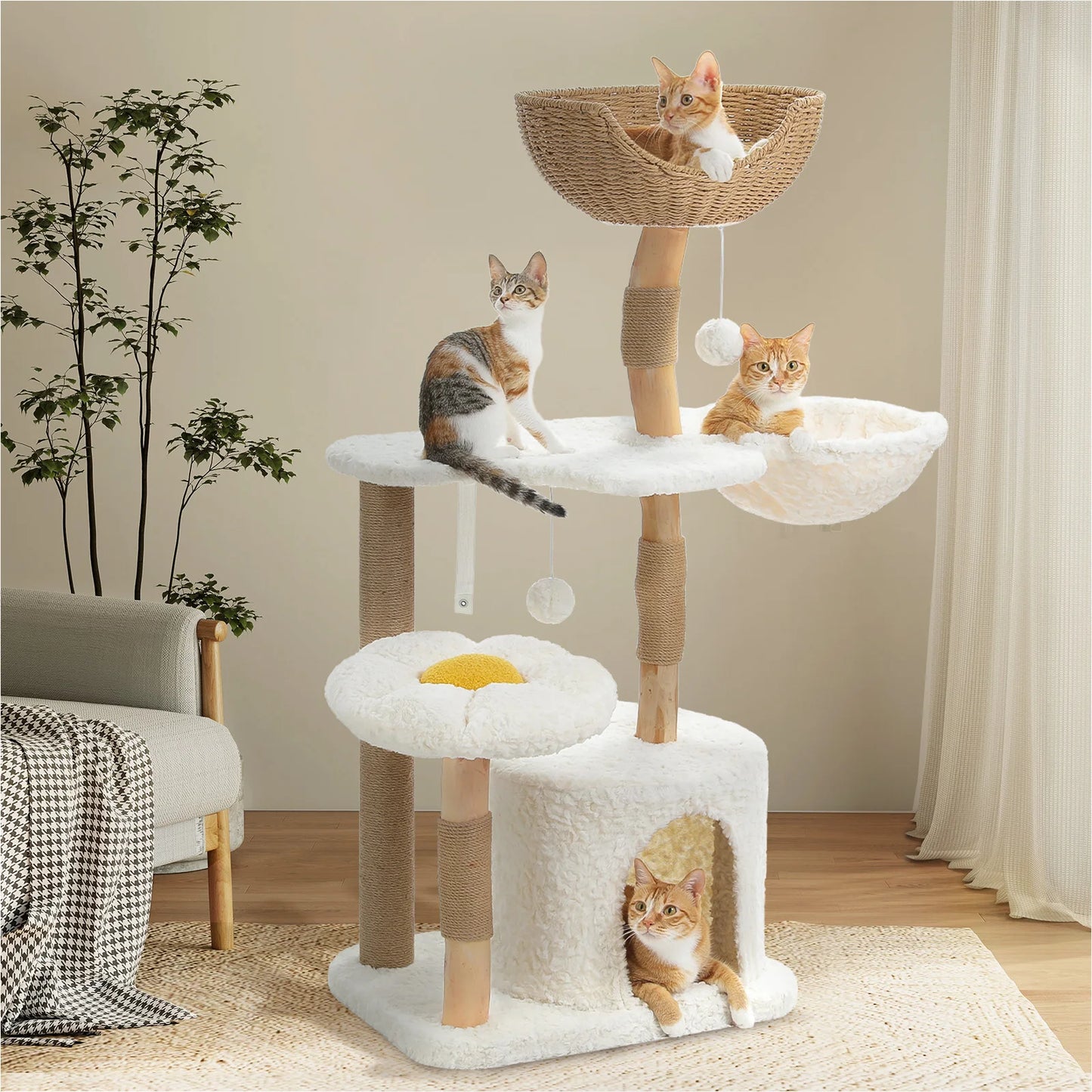 PEQULTICN Solid Wood Cat Tree With Multi Tier Condo Perches