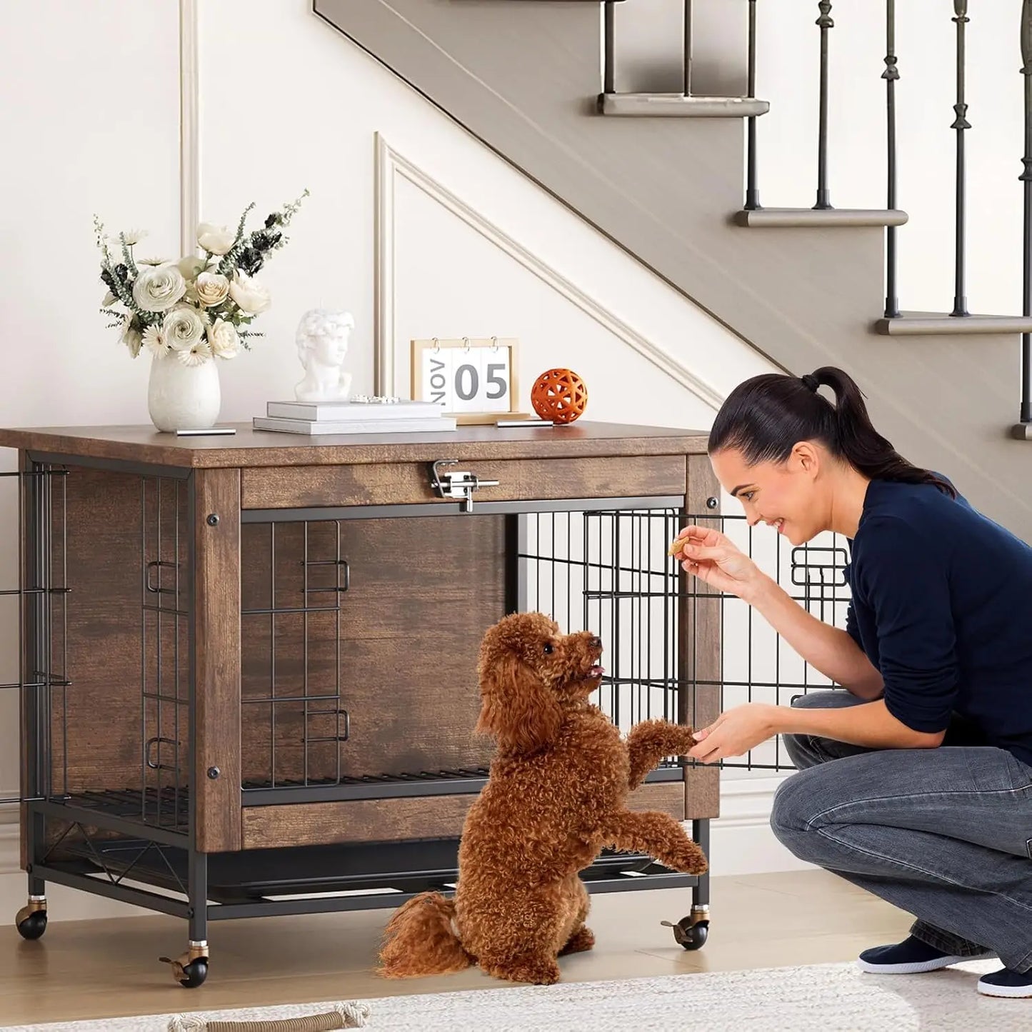 HiMISS Rustic Dog Crate Furniture With Wheels Metal Wood Kennel