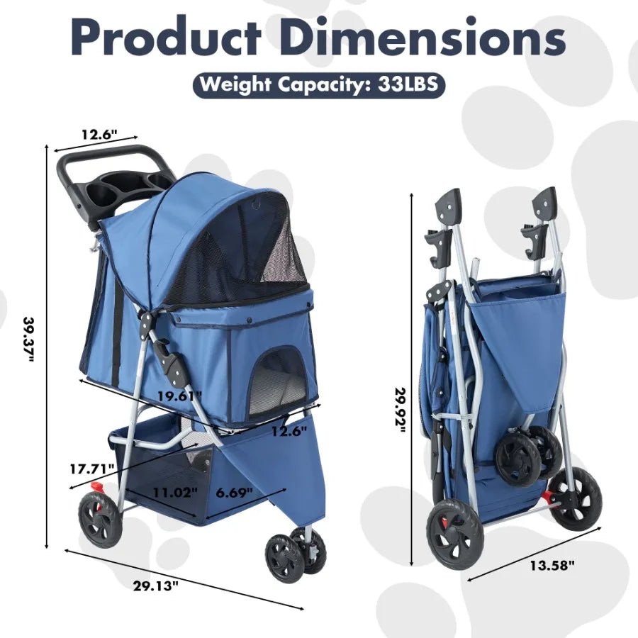 Three-Wheel Pet Stroller With Storage Basket And Cup Holder