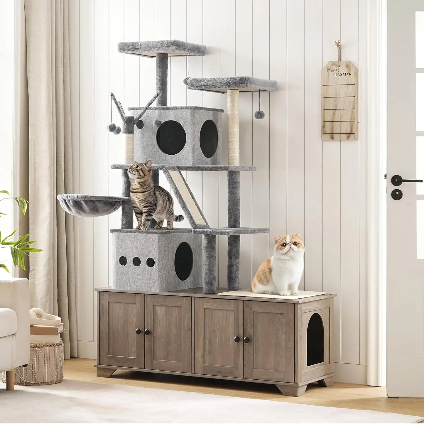Double Litter Box Enclosure Cat Tree Bed