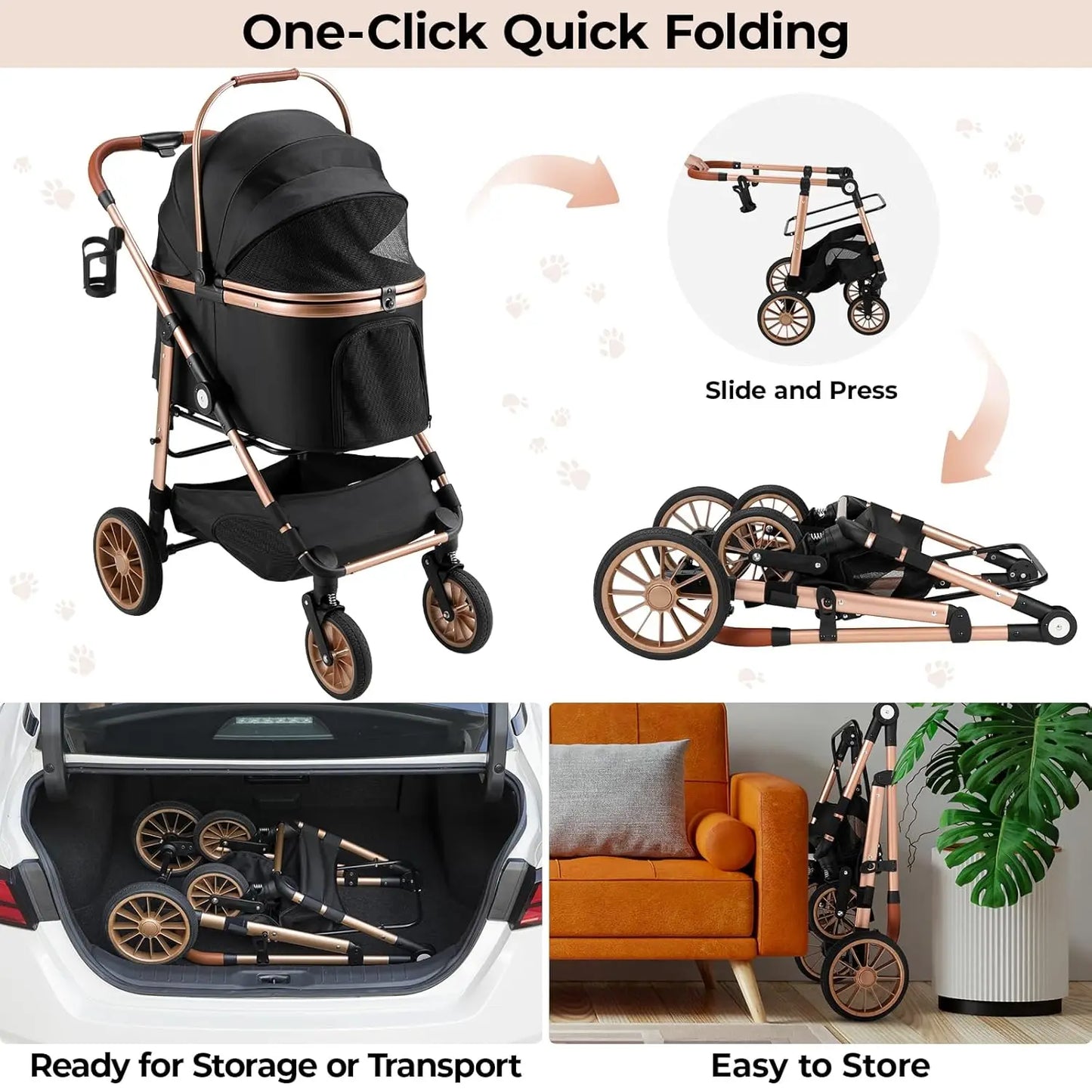 360 High Wheels Foldable Pet Stroller for Cats and Dogs