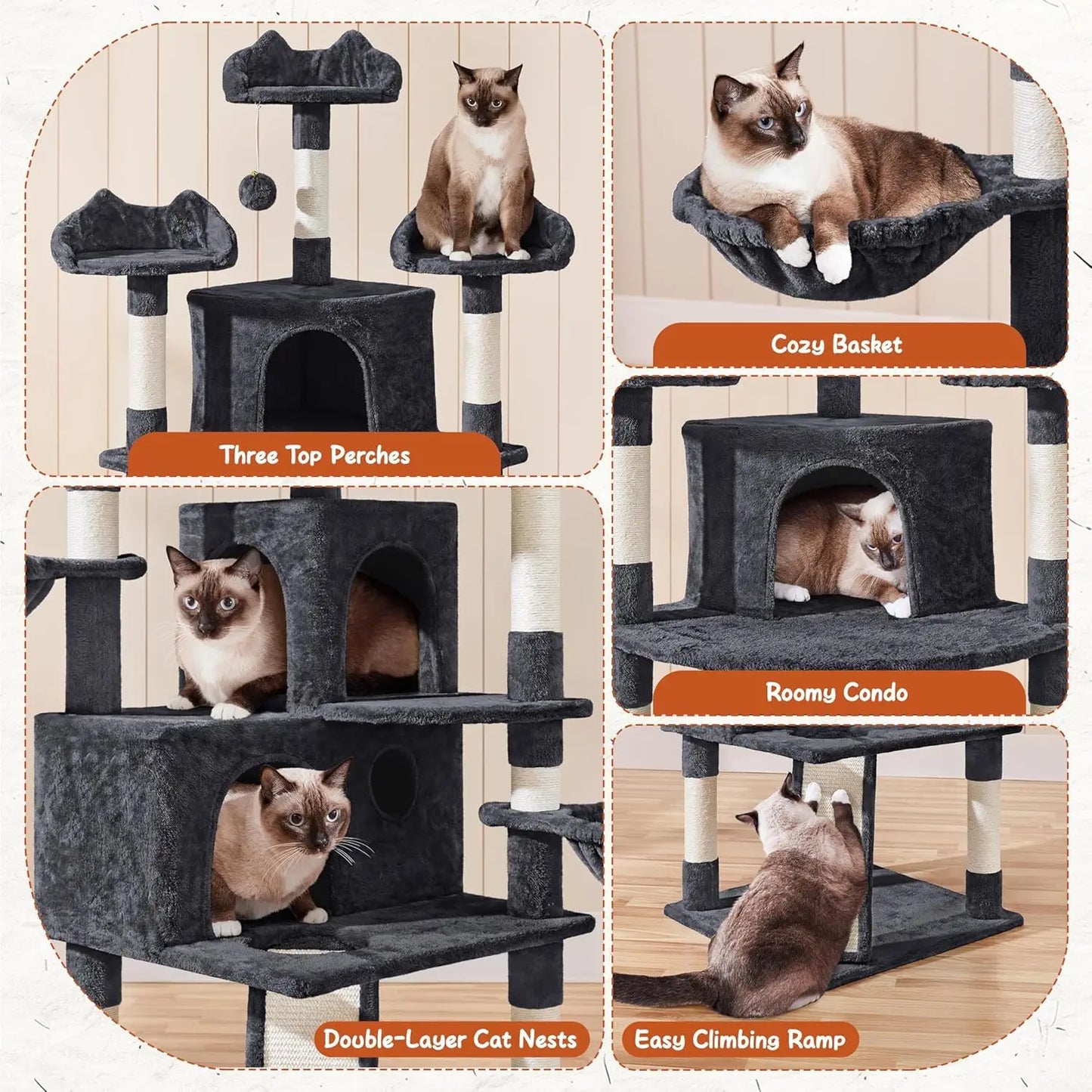 Cat Tree With Condos, Sisal Scratching Posts, Plush Perches