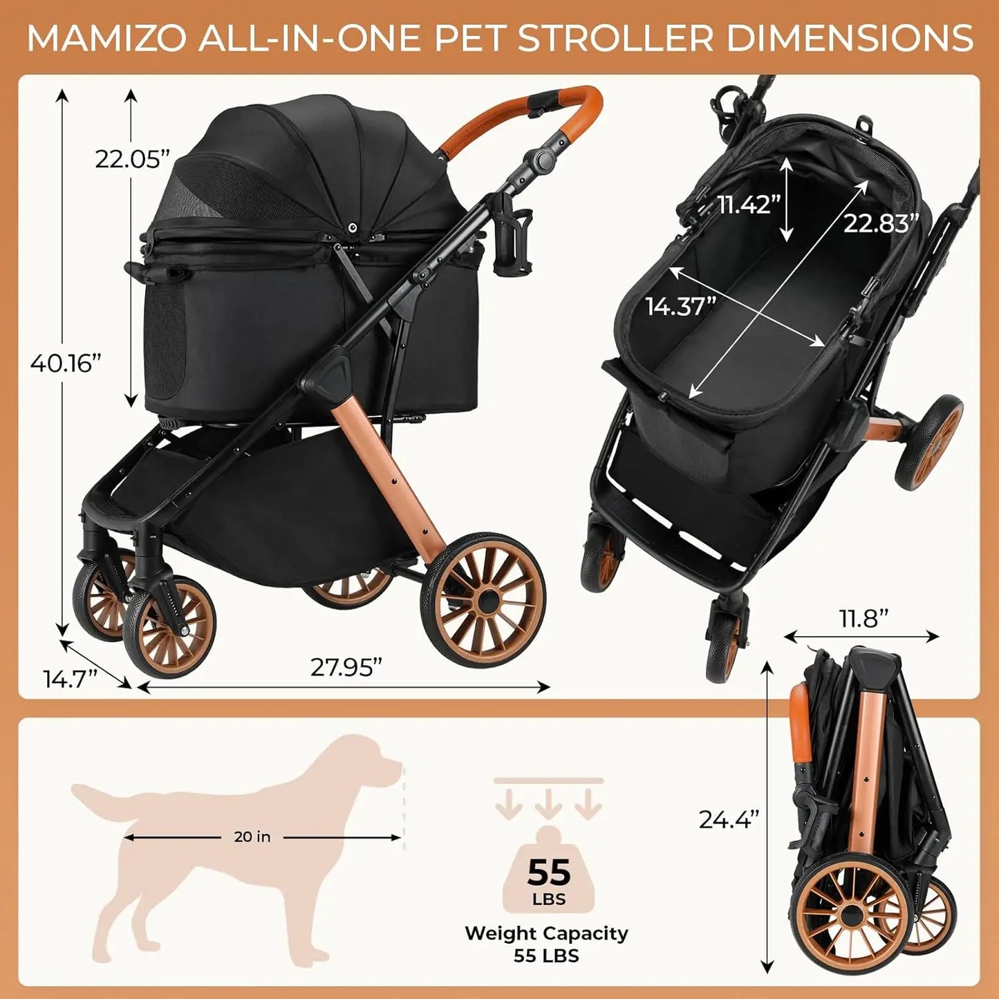Foldable Pet Stroller All Terrain for Medium Dogs and Cats
