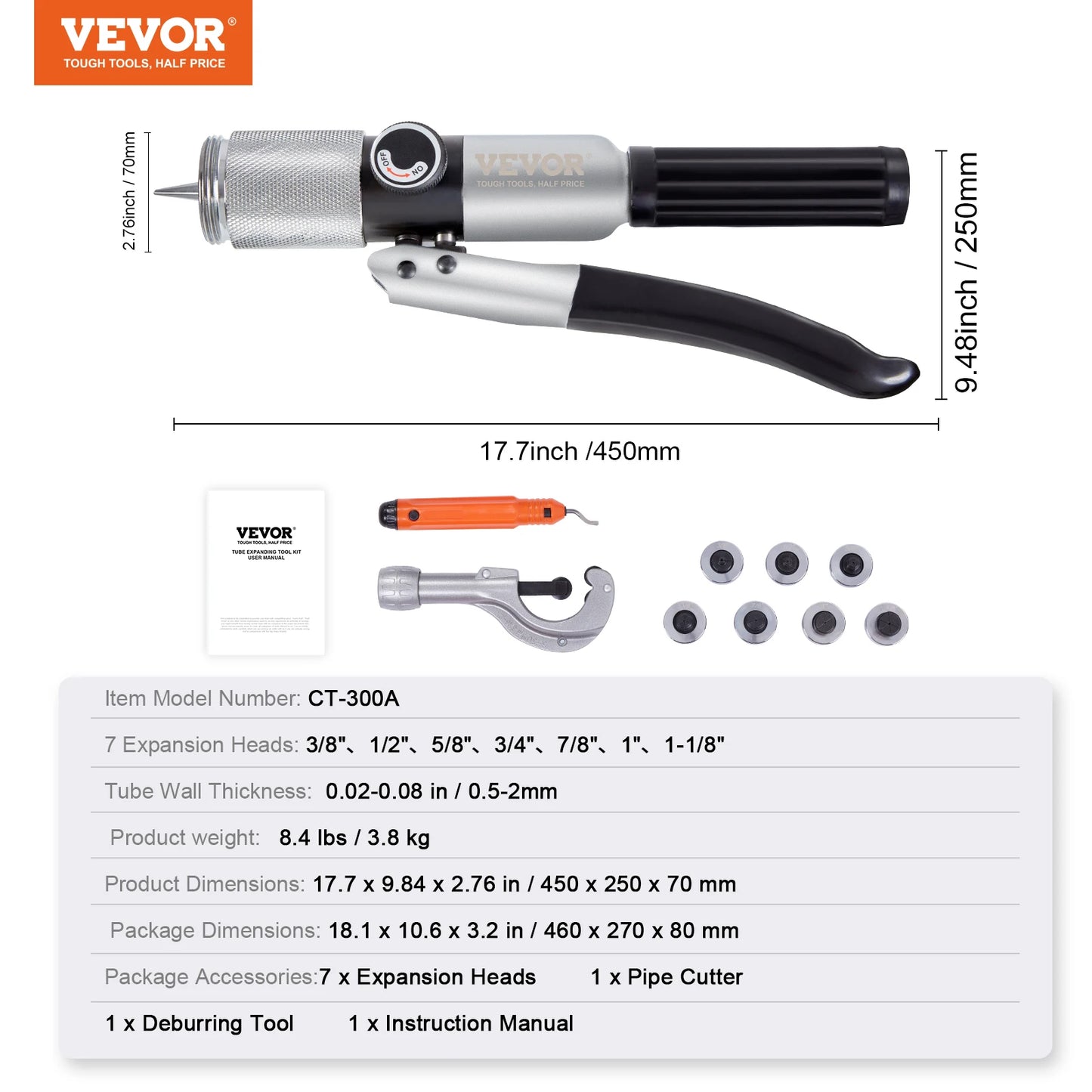 SucceBuy Hydraulic Tube Expander with 7Pipe Expander Heads Deburring Tool Pipe Cutter for Copper Aluminum Brass Soft Steel Pipes