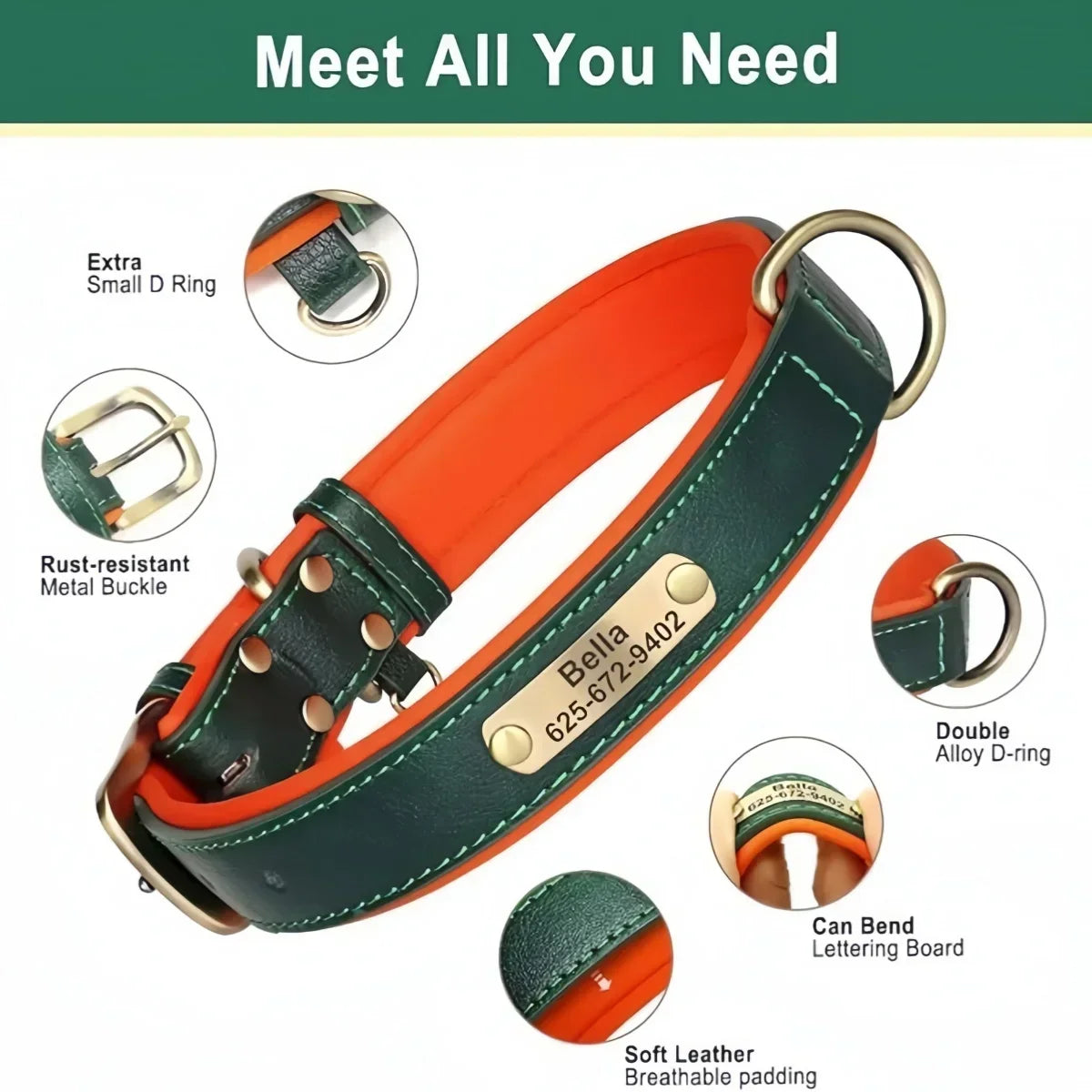 COOYOMOO Personalized Leather ID Nameplate Dog Collar Padded Comfort Engraving