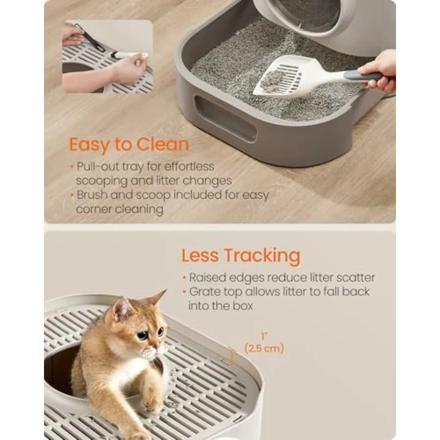 Cat Litter Box with Lid, XL Enclosed Litter Box with Slide-Out Tray, Scoop, Brush, Anti-Tracking, for Cats of Different Sizes,