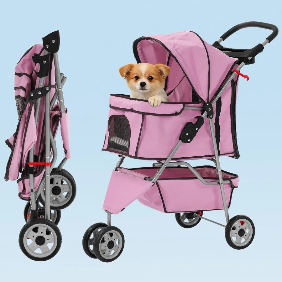 Three Wheel Folding Pet Stroller With Cup Holder And Storage