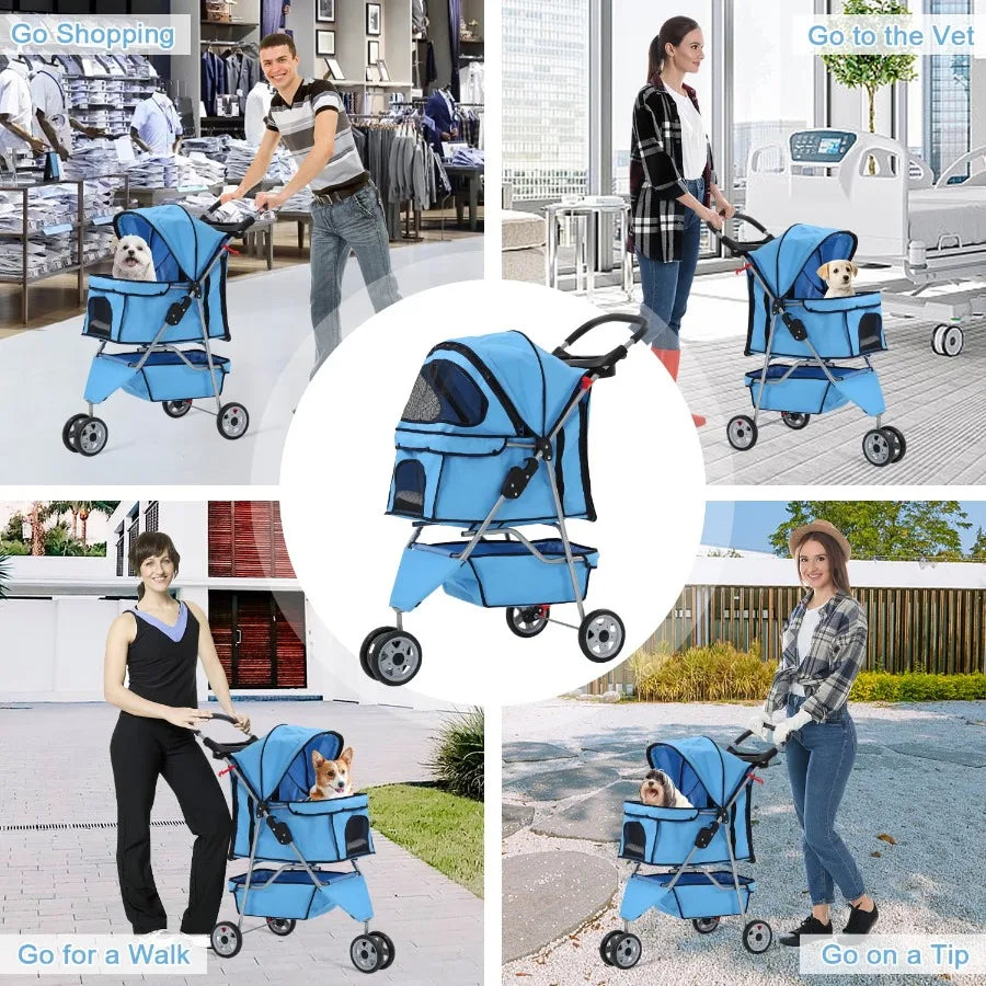 Three Wheel Folding Pet Stroller With Cup Holder And Storage