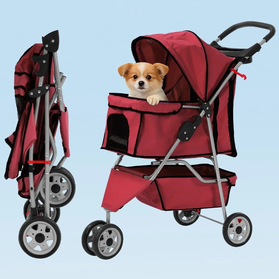 Three Wheel Folding Pet Stroller With Cup Holder And Storage