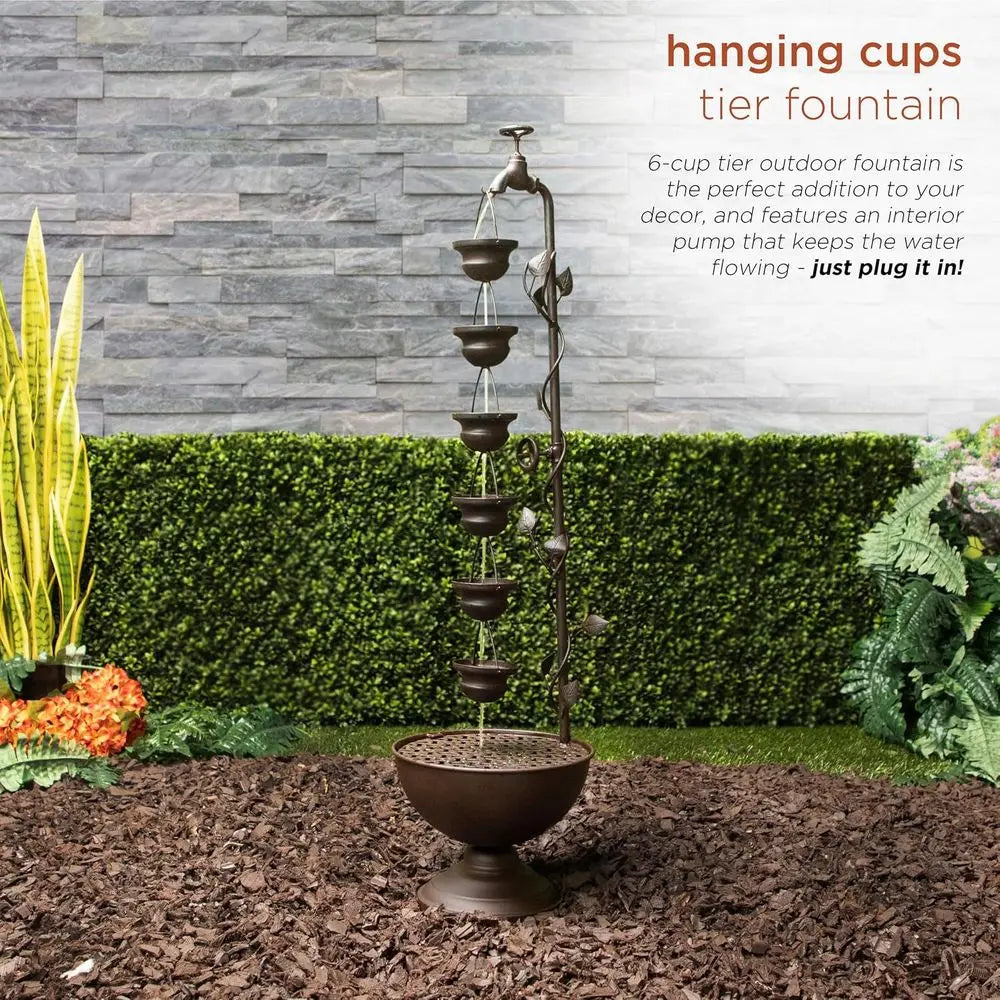 MAZ254 Outdoor loor Tiered Vintage Water ountain w/ 6 Hanging Cups, Soothing Tier Waterall, 38", Bronze