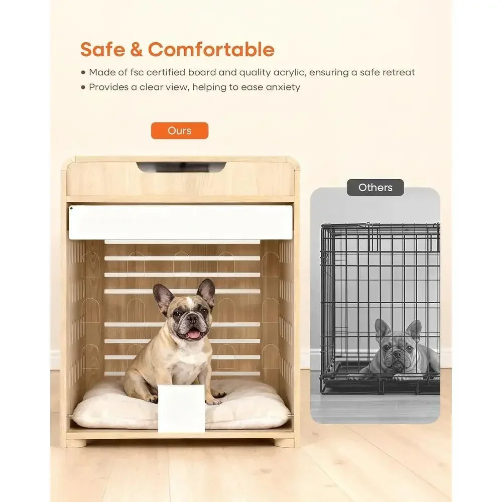 Oak Pet Crate Furniture With Charging Station And Acrylic Door