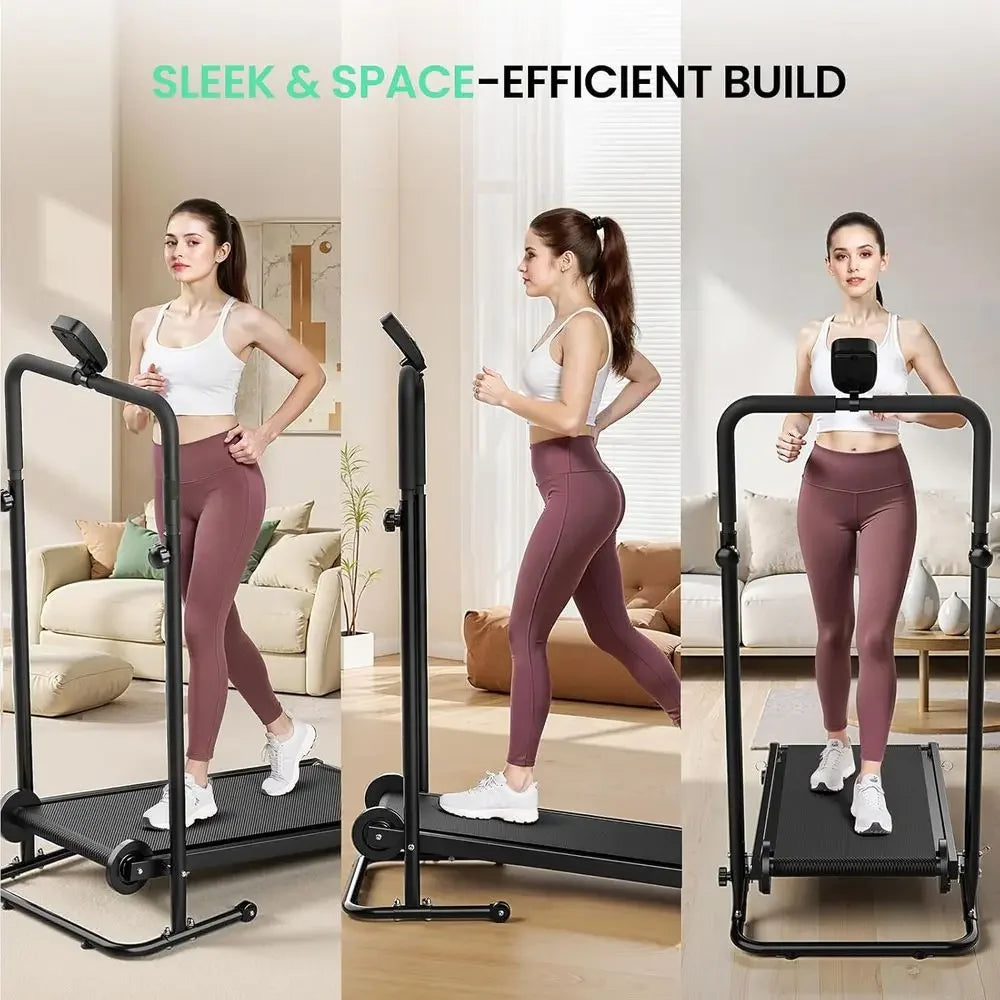 Dual Wheel Manual Treadmill with Adjustable Incline, LCD Monitor, Anti-Slip Belt, Foldable Design for Home/Gym, Soft Grips for W