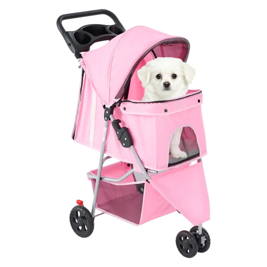 Three-Wheel Pet Stroller With Storage Basket And Cup Holder