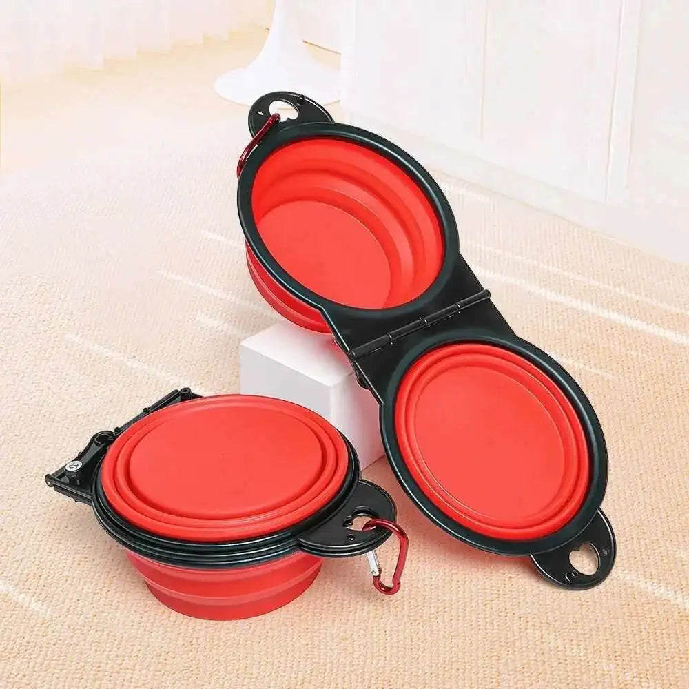 New 2 in 1 Collapsible Dog Travel Bowl Double Bowls Folding Food Water Bowl Portable Hangable Dog Feeder for Outdoor Dog Product