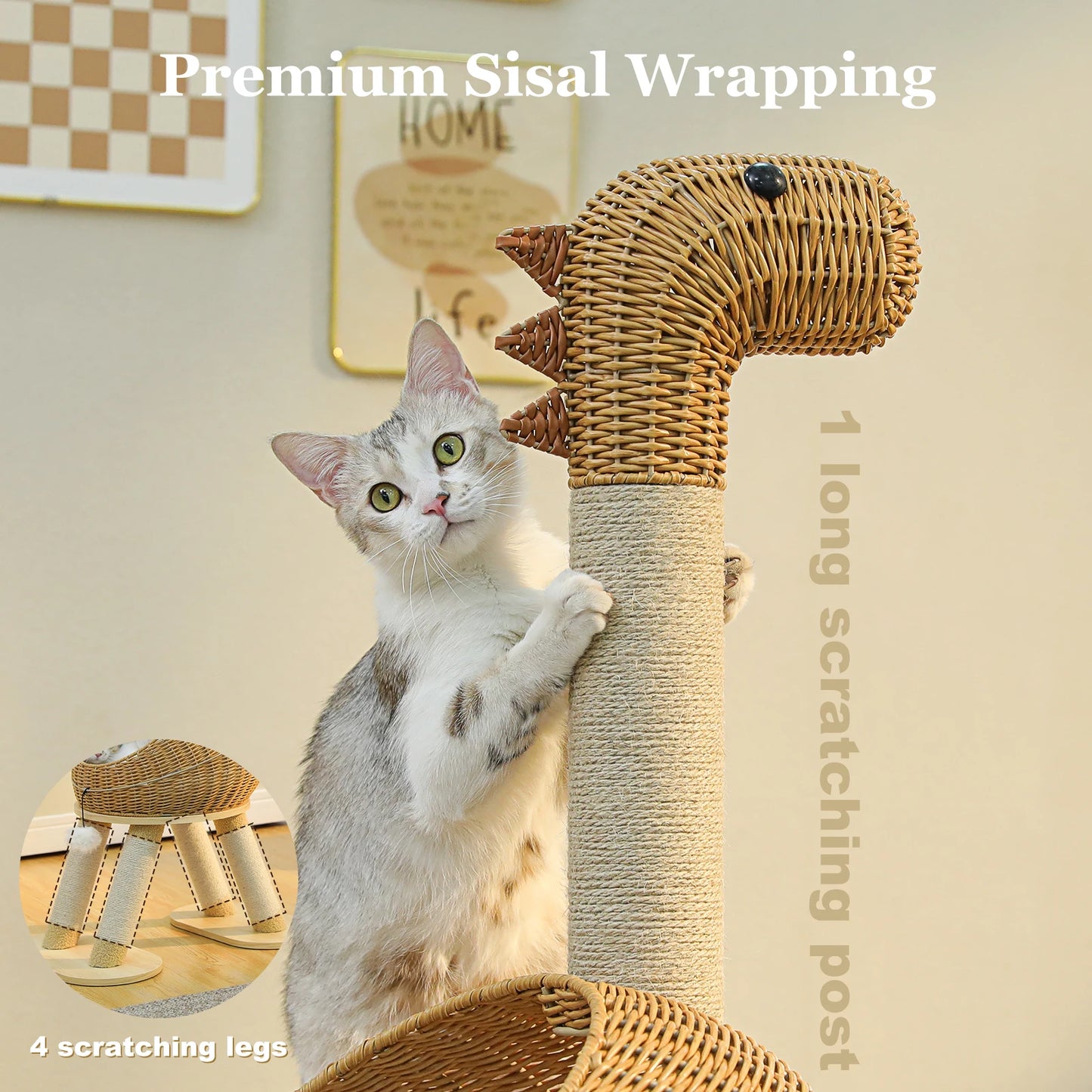 PAWZ Road Dinosaur Cat Tree Tower With Sisal Scratching Post Rattan Cat Condo