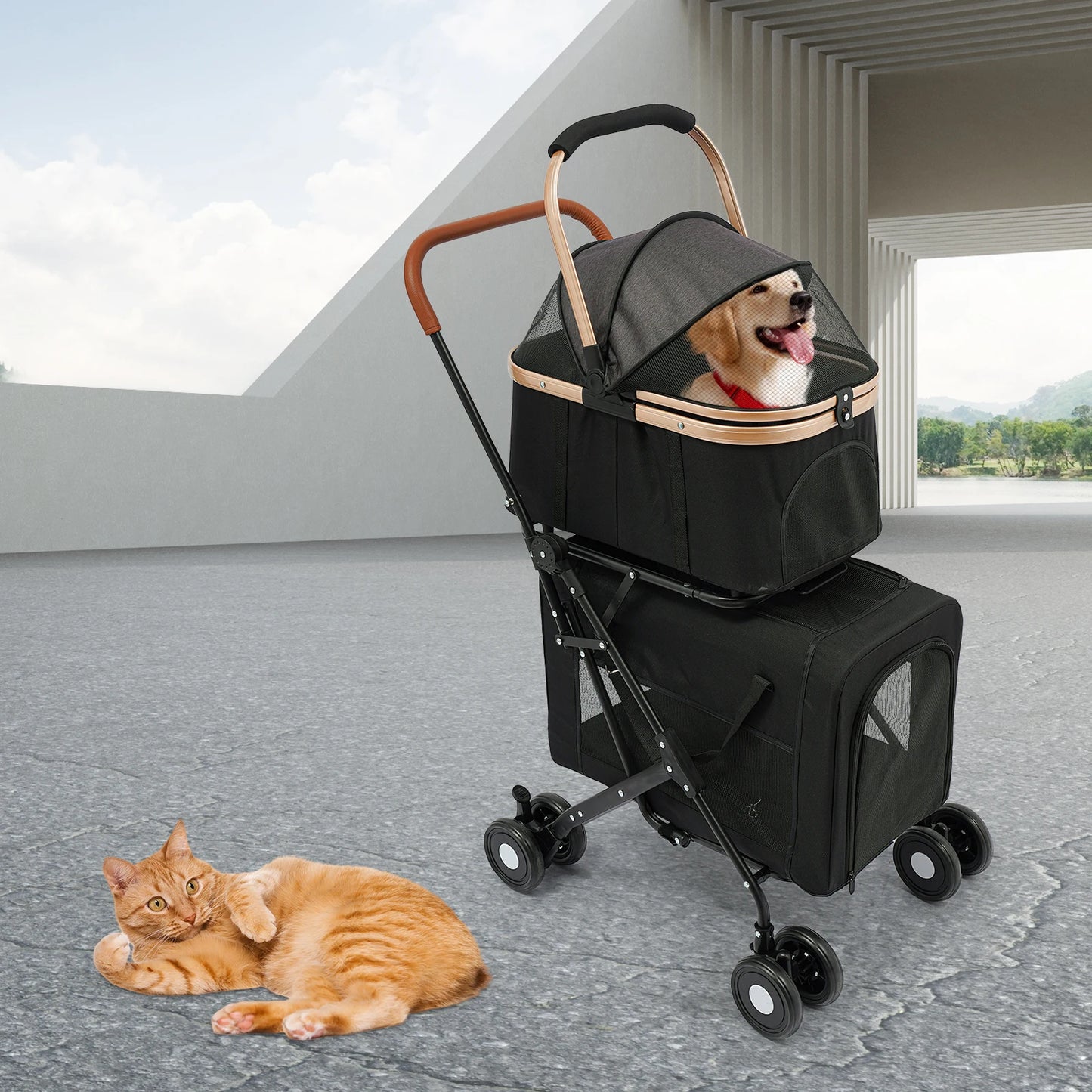 Bymaocar Foldable Pet Stroller For Small And Medium Dogs 2 Tiers 35kg
