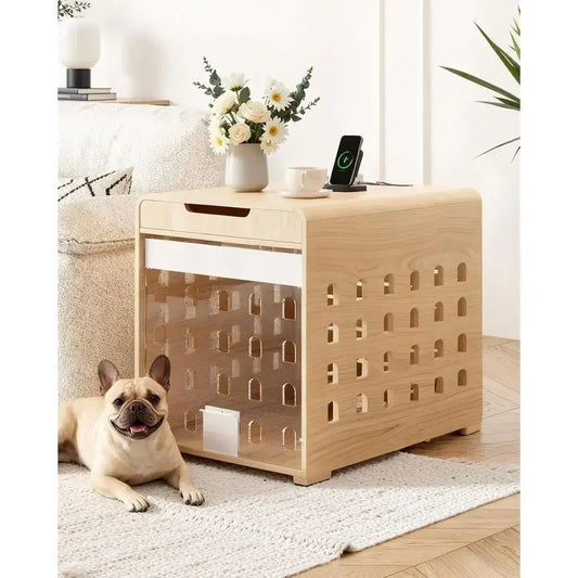 Oak Pet Crate Furniture With Charging Station And Acrylic Door