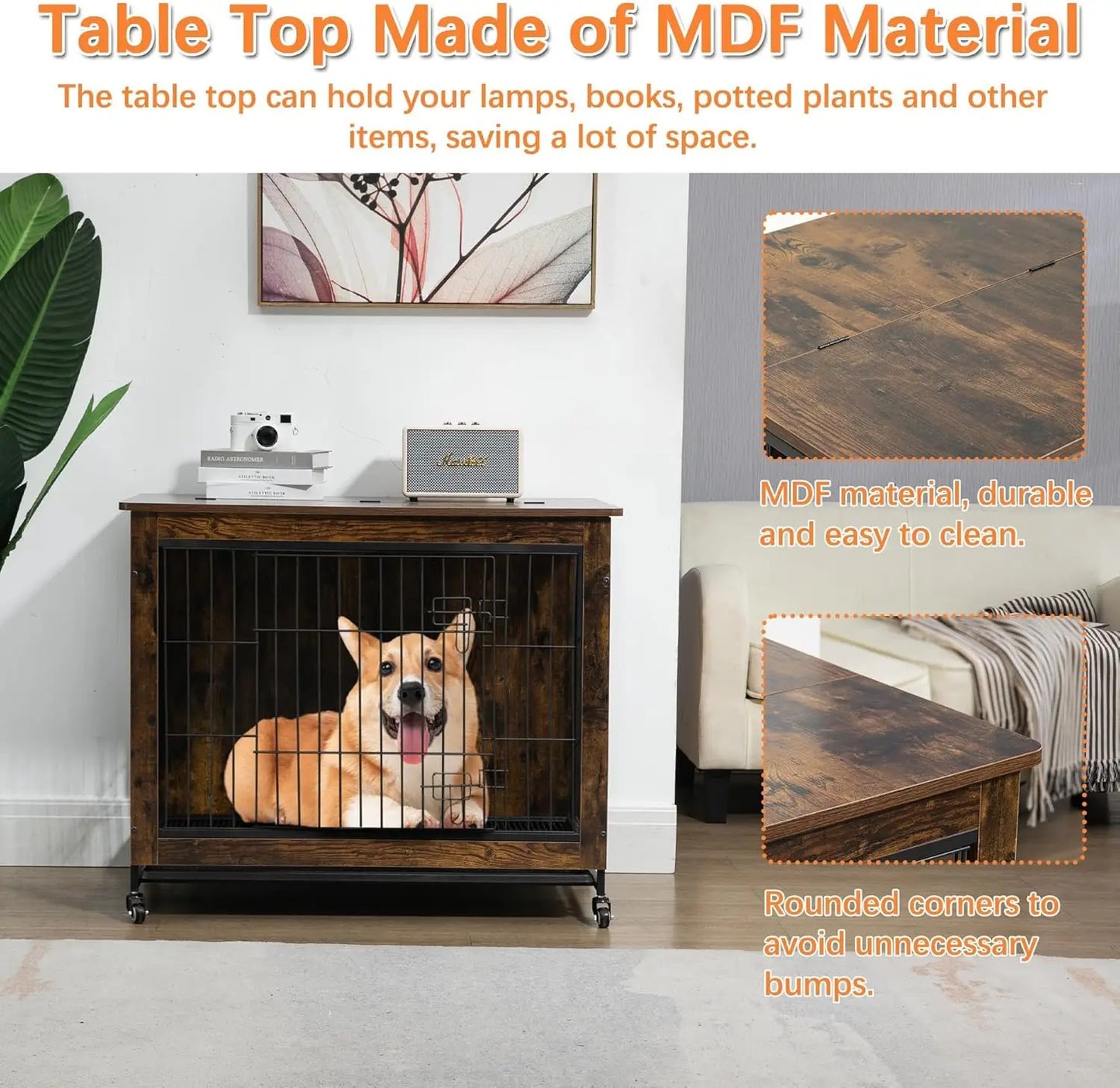 HiMISS Rustic Dog Crate Furniture With Wheels Metal Wood Kennel
