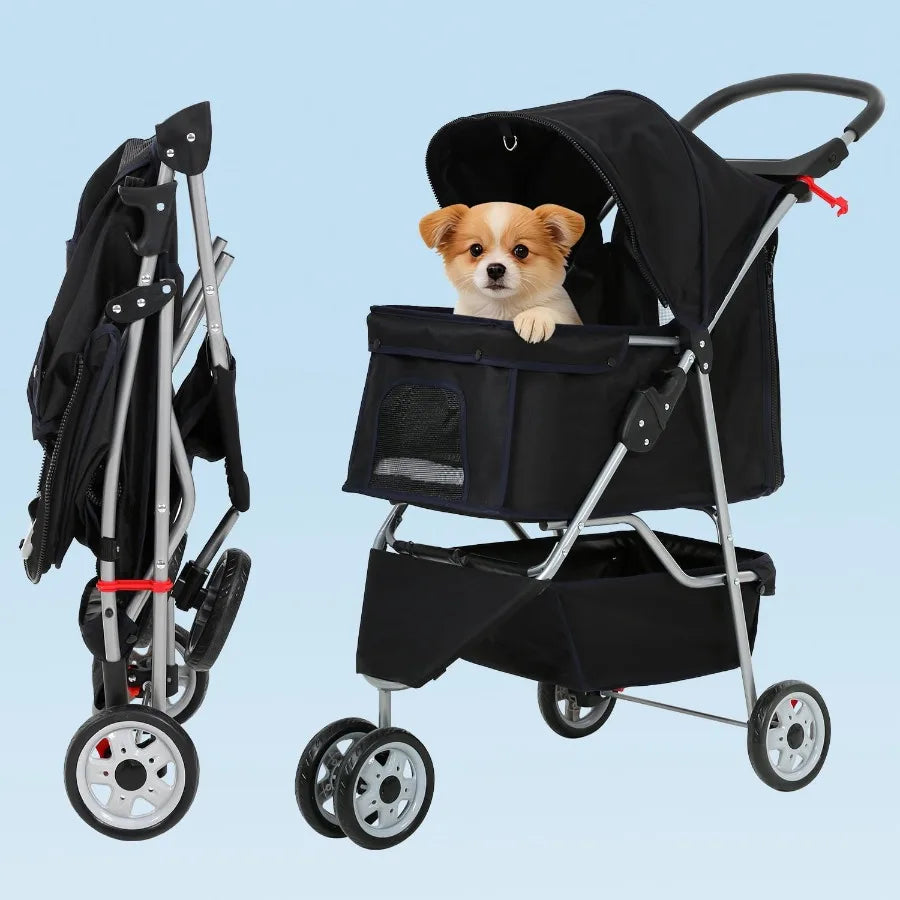 Three Wheel Folding Pet Stroller With Cup Holder And Storage