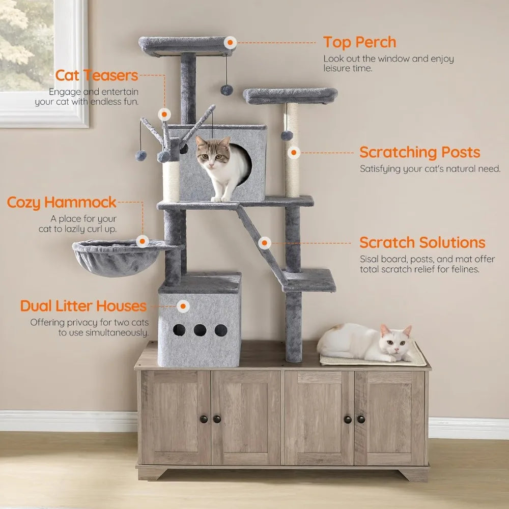 Double Litter Box Enclosure Cat Tree Bed
