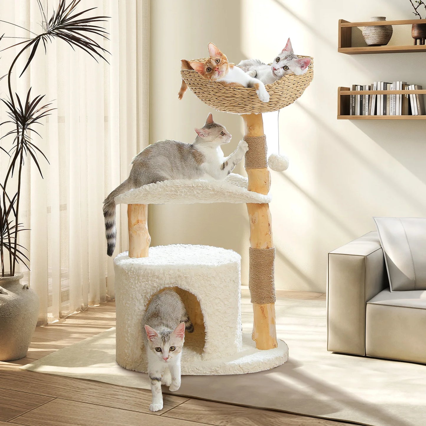PEQULTICN Solid Wood Cat Tree With Multi Tier Condo Perches