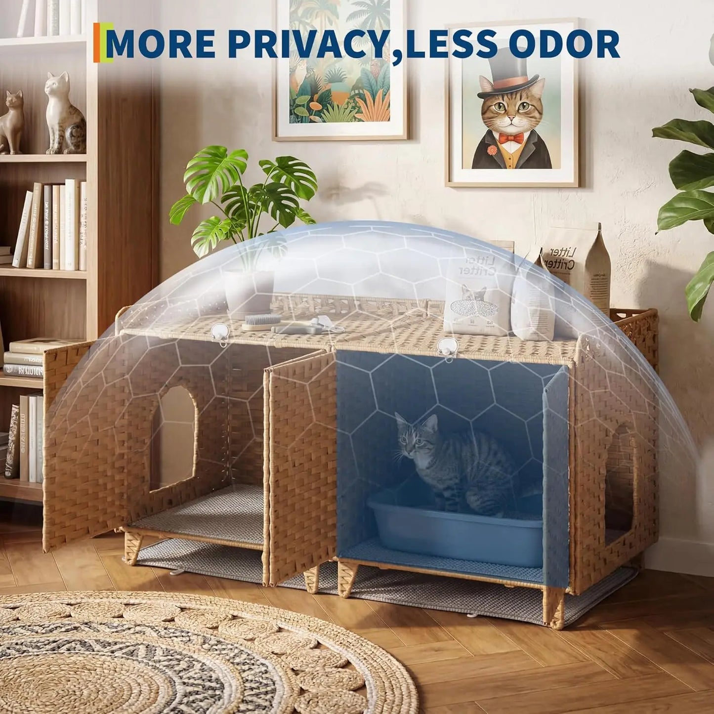 HiMISS Hidden Litter Box Enclosure Handwoven Rattan Cat Furniture