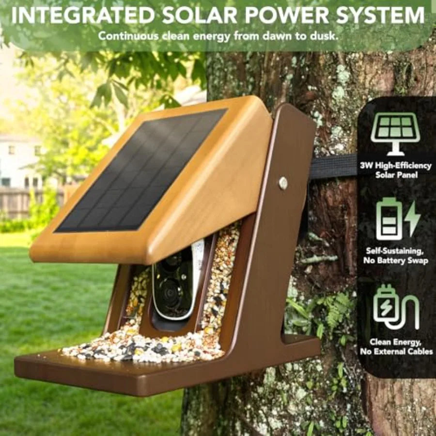 Smart Bird Feeder with Camera Solar Powered - Biomimetic Design 2K Video AI Identify Species and Instant Arrival Alerts Weather