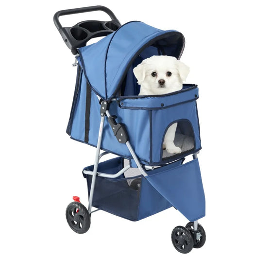 Three-Wheel Pet Stroller With Storage Basket And Cup Holder