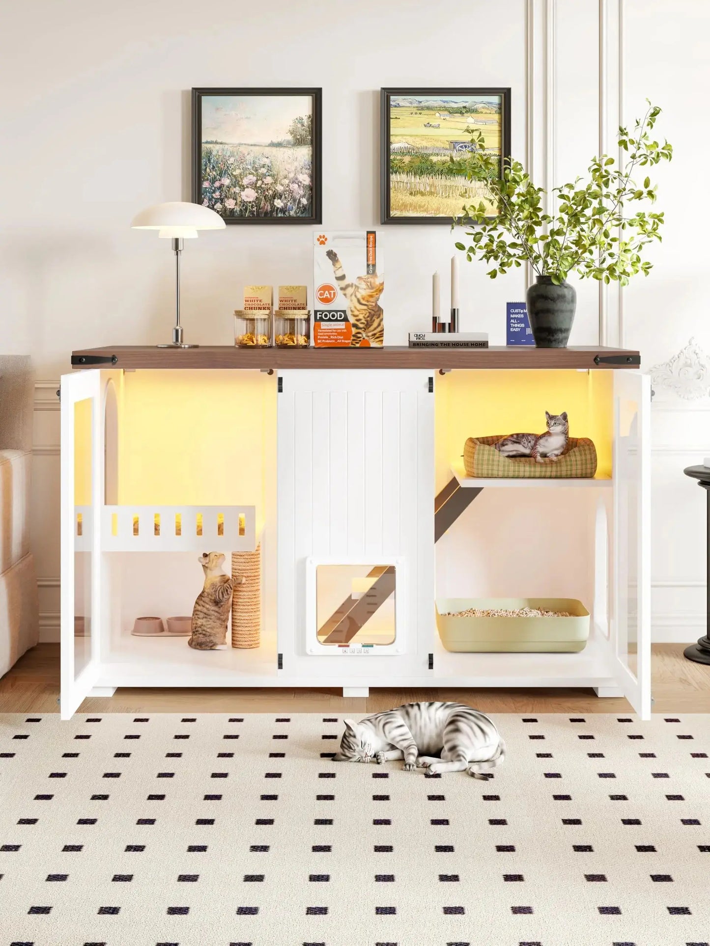 Cat House Litter Box Enclosure LED Light And Stairs
